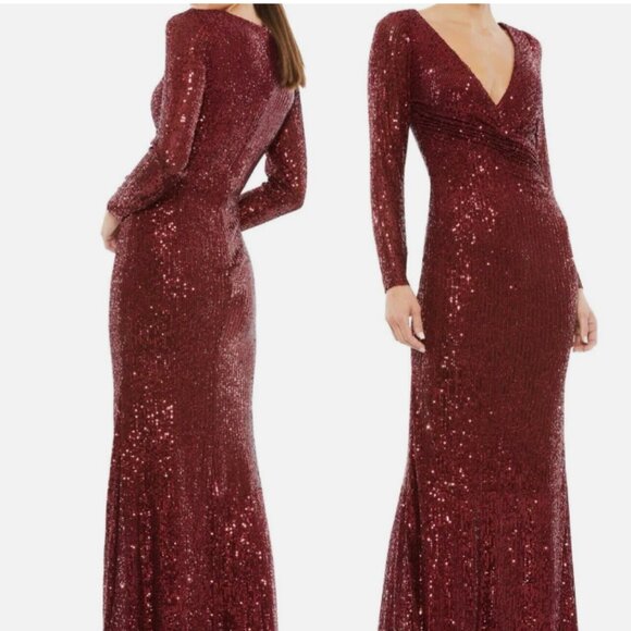 MAC DUGGAL 26574 SEQUINED FAUX WRAP LONG SLEEVE WINE COLUMN GOWN sz 4 - Picture 2 of 5
